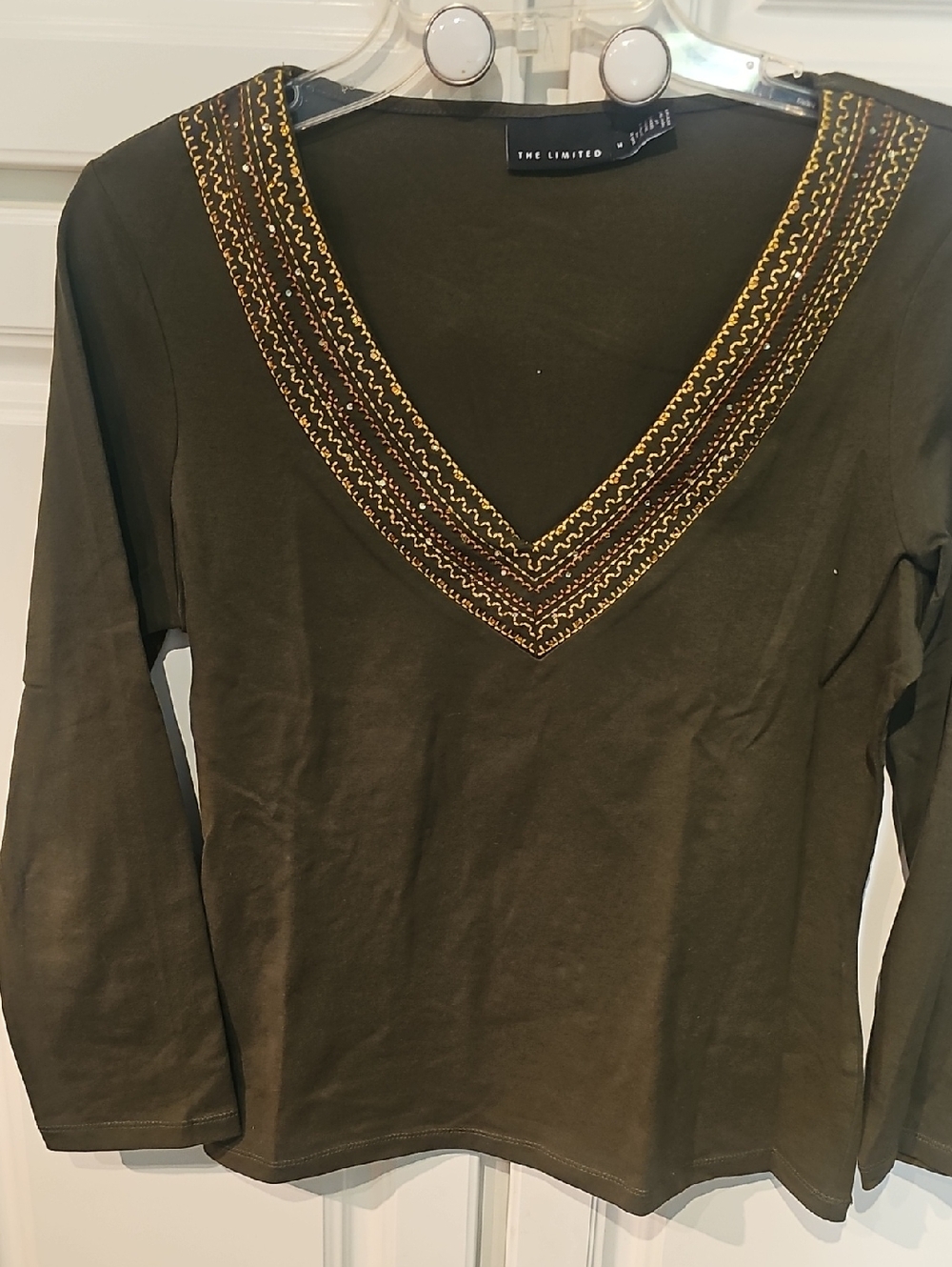 The Limited Olive Green V-Neck Long Sleeve Top with Gold Embroidery